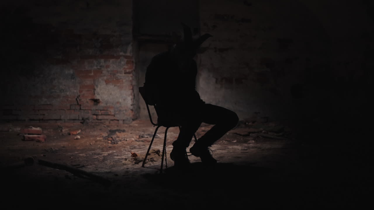 Man in Goat Mask in Abandoned Basement