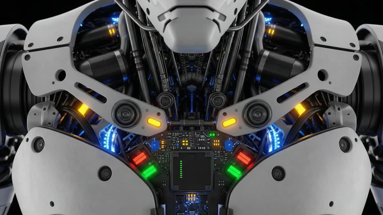 Futuristic Cybernetic Robot Close-up: An Intricate Look at the Advanced Mechanics and LED Features of a High-Tech Humanoid Robotic Structure