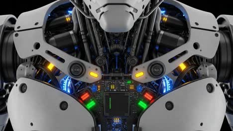 futuristic cybernetic robot close-up: an intricate look at the advanced mechanics and led features of a high-tech humanoid robotic structure