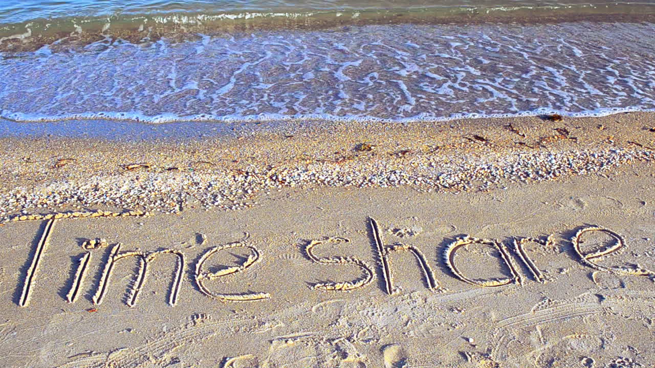 Inskriptionen "time share" på sanden, stranden. Fotografering på stranden