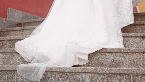 Frisch-Verheiratete-Frau-Im-Hochzeitskleid-Mit-Langem-Chiffon-Weil