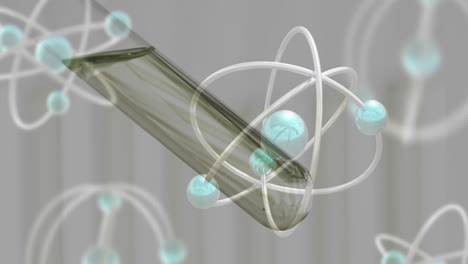 animación de átomos sobre una placa de tubo de ensayo de laboratorio sobre un fondo gris