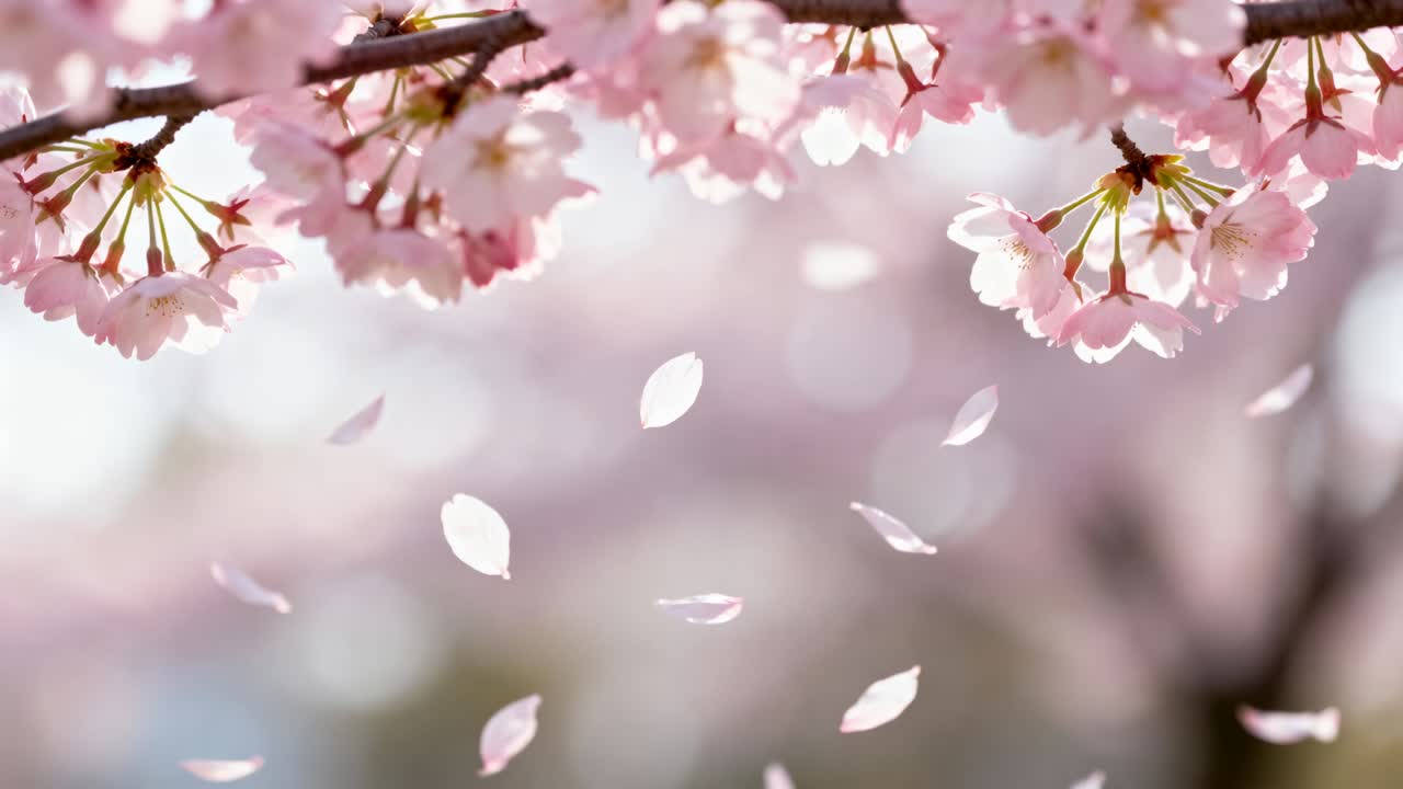 Un gruppo ondeggiante di fiori di ciliegio rilascia petali in un giardino primaverile, trasportati da una leggera brezza.