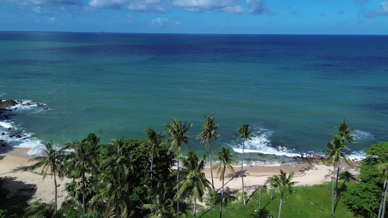 Drone aéreo sobrevoando exuberantes palmeiras em Koh Lanta, Tailândia, revelando uma praia tropical escondida e um vasto oceano turquesa ao fundo com paisagens costeiras intocadas
