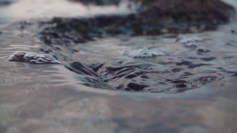 Makro-Nahaufnahme-Eines-Sauberen-Wasserstroms-Aus-Dem-Meer,-Der-Auf-Korallen-Zurück-Ins-Meer-Fließt