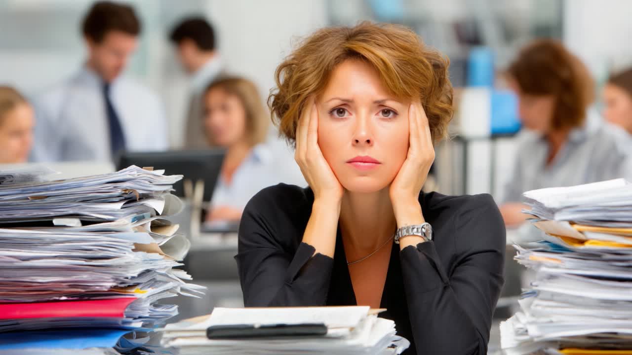 A woman overwhelmed at her workplace, surrounded by stacks of documents, expressing frustration and stress in a busy office environment filled with colleagues