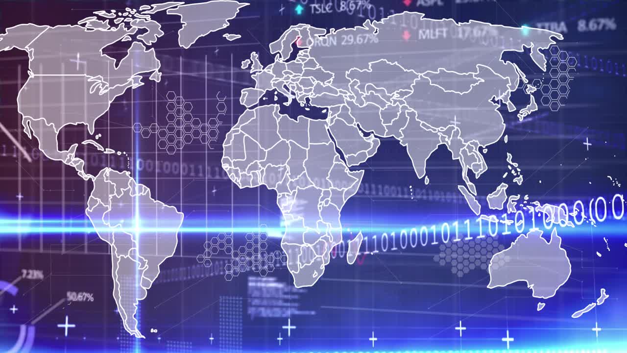 세계 지도의 애니메이션, 데이터 처리 및 보라색 배경에 대한 조명