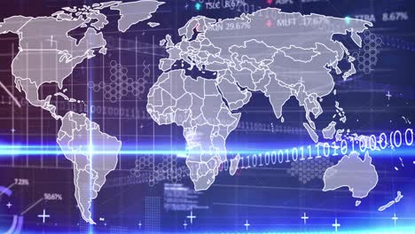 animación del mapa del mundo, procesamiento de datos y luces sobre fondo violeta