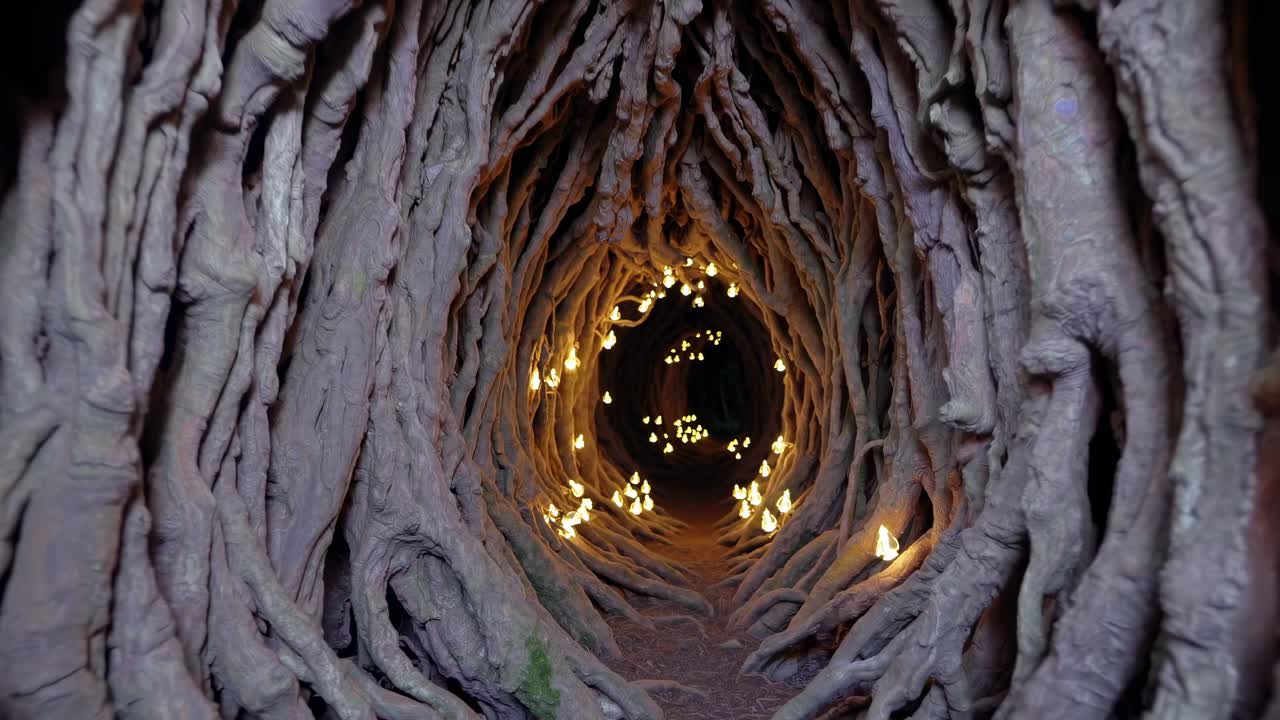Enchanted tunnel illuminated by glowing lights, showcasing intricate root textures and inviting atmosphere, creating a magical journey through nature's embrace
