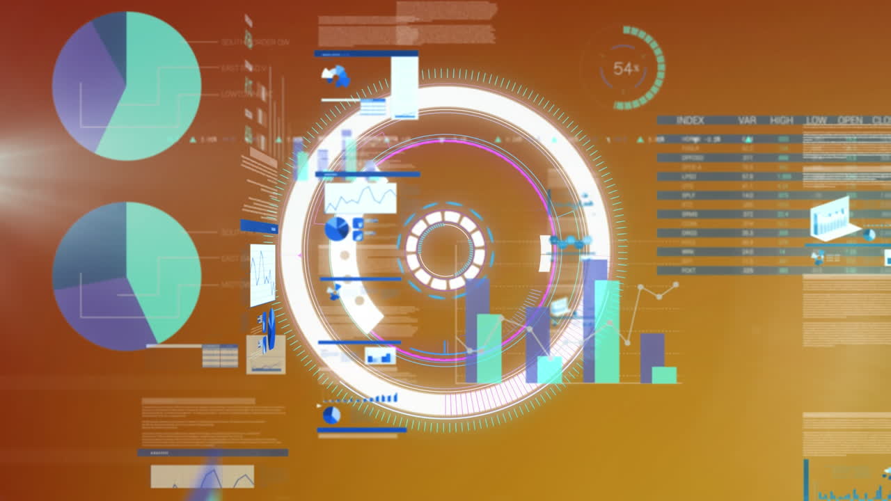 Animation of multiple graphs and trading board over loading circles against gradient background