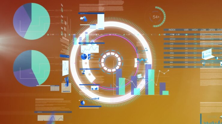 Animation of multiple graphs and trading board over loading circles against gradient background