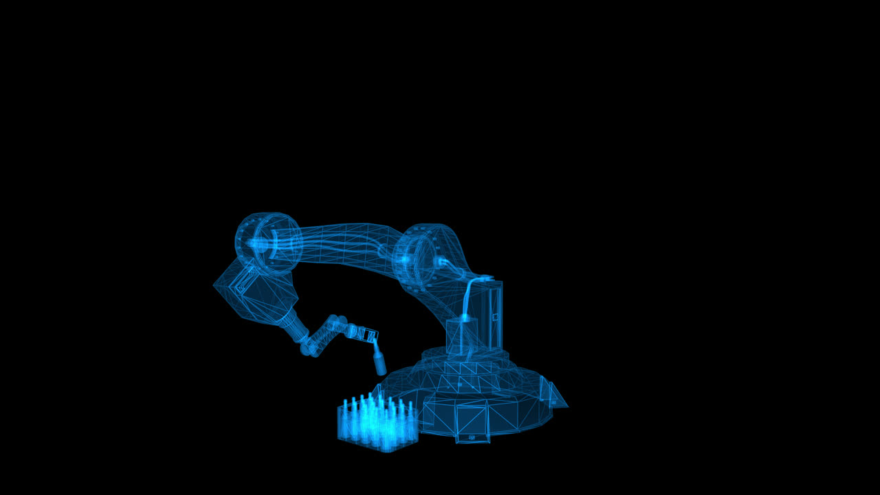 Wireframe Model of a Robotic Arm Handling Bottles