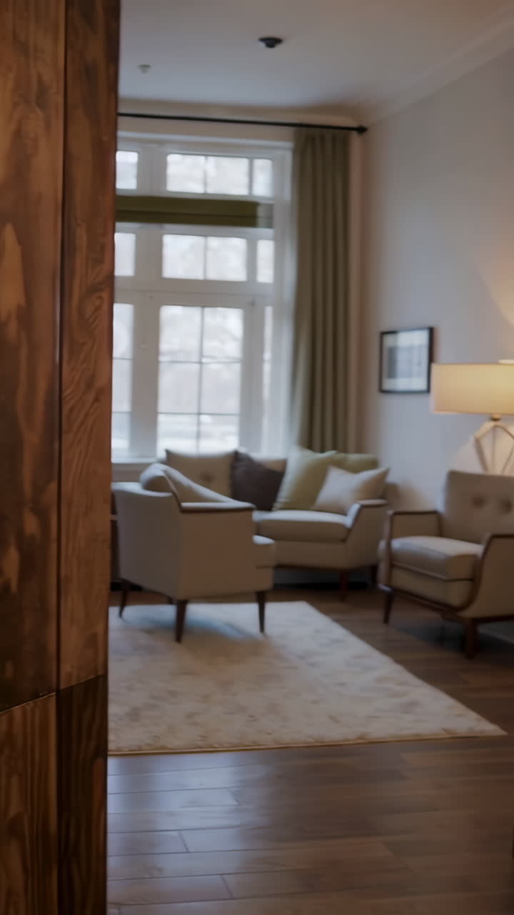 Design d'interni con parete in legno e arredamento soggiorno