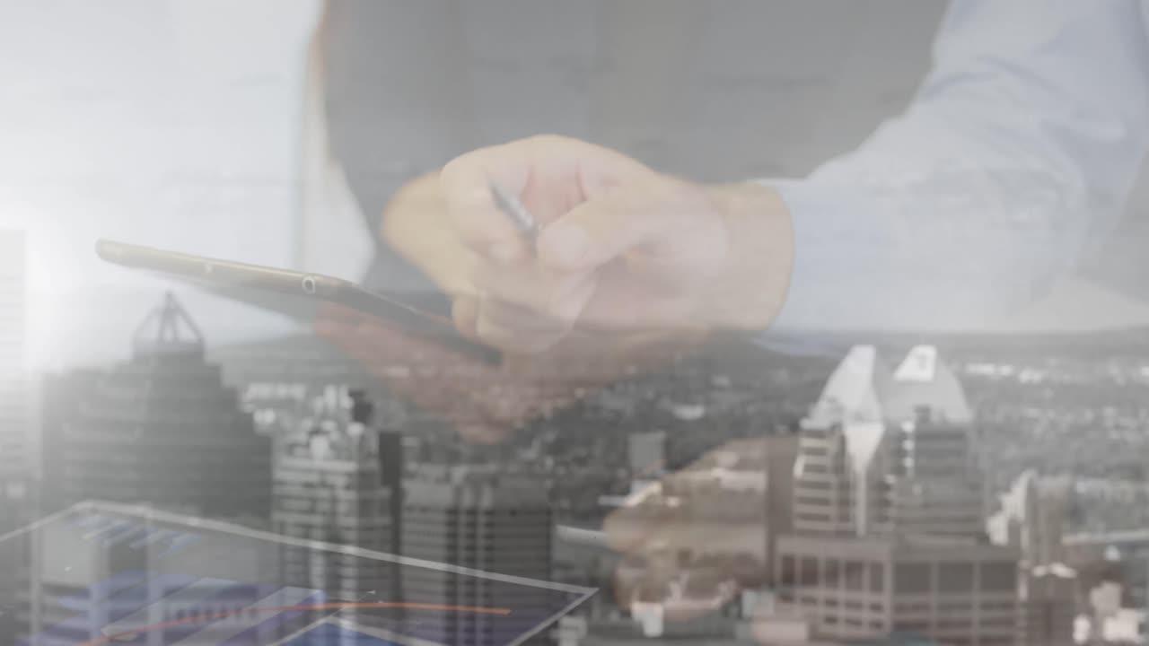 도시 풍경에 대항하여 사무실에서 일하는 중간 계층의 비즈니스 사람들의 디지털 구성