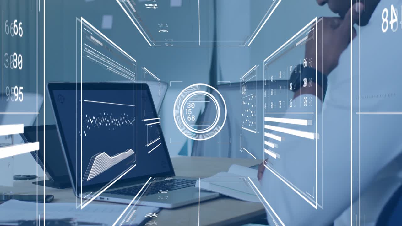 Man holding phone handset activating 3D HUD overlays revealing scrolling data charts in business