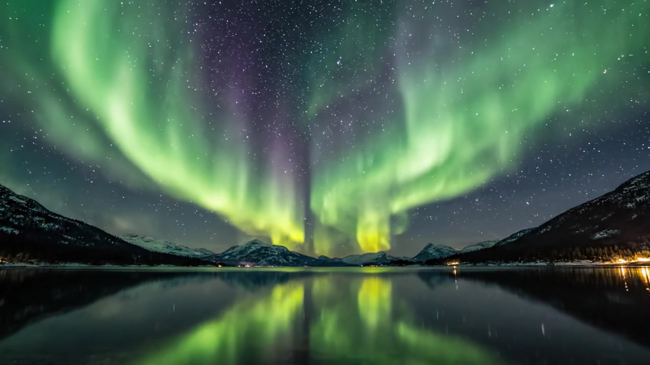Uno spettacolo affascinante dell'Aurora Boreale che si riflette su un lago tranquillo, circondato da maestose montagne sotto un cielo notturno stellato.