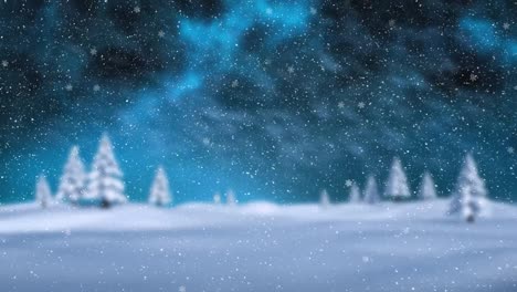 animation of snow falling over winter fir trees landscape background