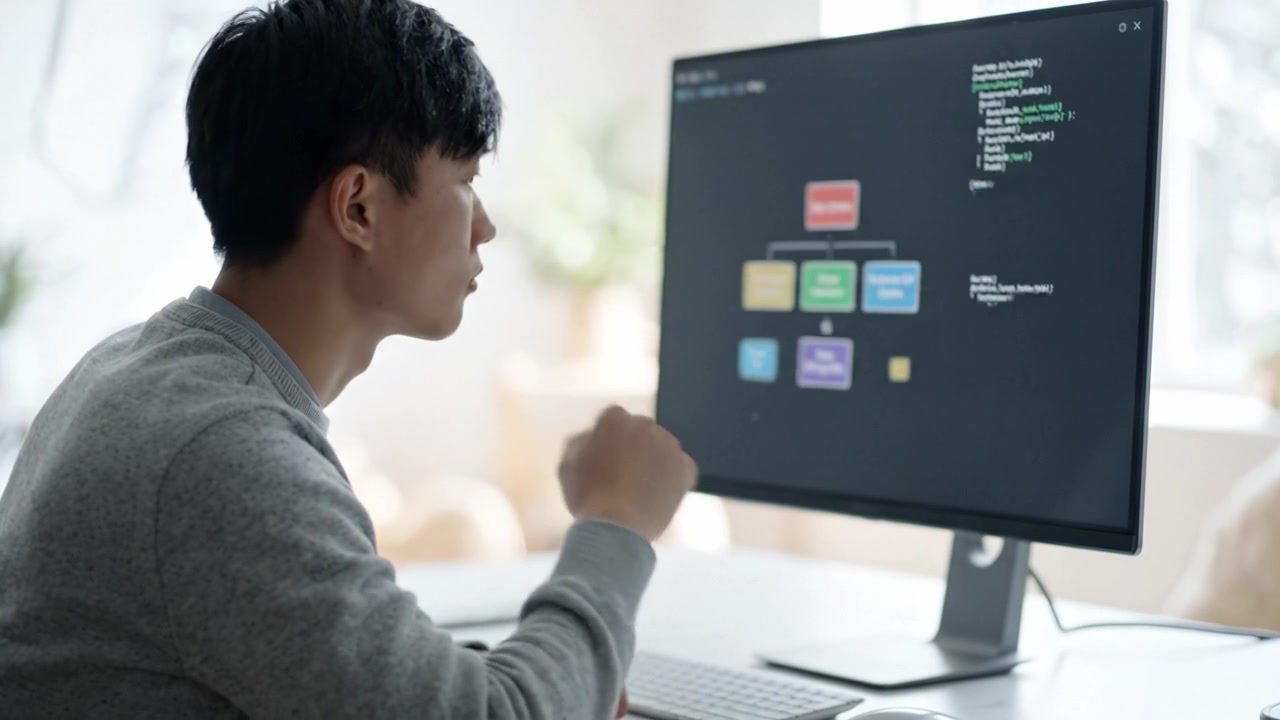 大型モニターに映る複雑なコードを分析し、プログラミングに没頭する人物。ソフトウェア開発における献身と高いスキルを象徴しています。