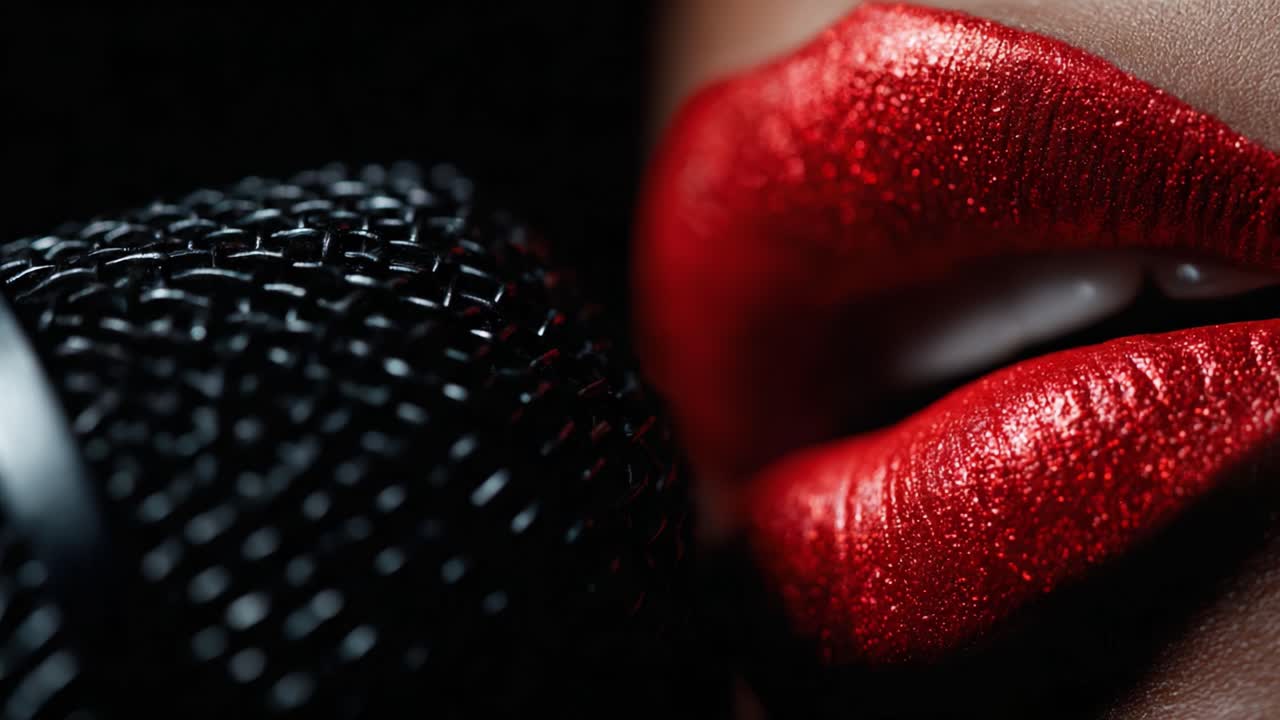 Lush Red Lips Captured Near a Microphone in a Dramatic Close-Up, Highlighting the Glamorous Connection Between Music and Beauty