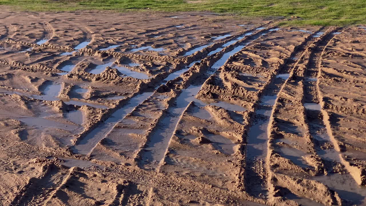 Mud tracks and rain puddles reflect soft morning light on a sandy coastal access road after rainfall