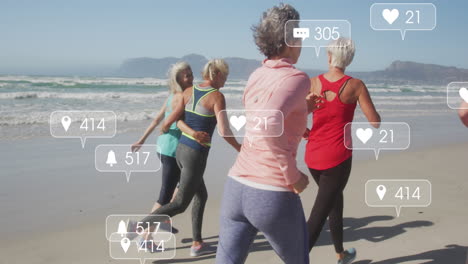 animation of social media data processing over diverse women exercising on beach