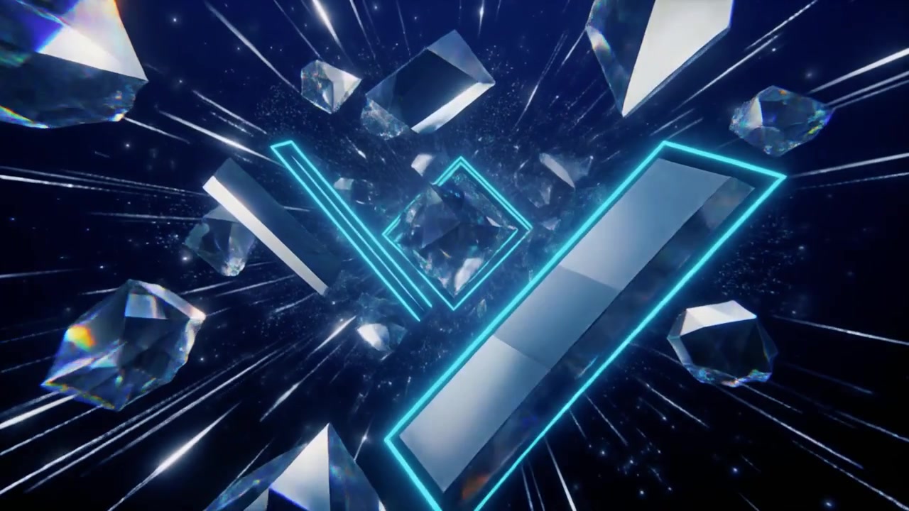 Abstract Motion Background with Floating Crystals and Neon Light Streaks