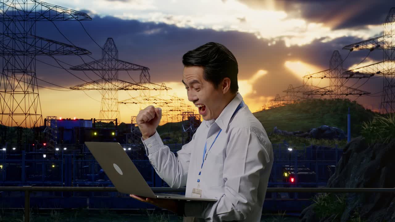 vista lateral de un trabajador profesional masculino asiático de pie con su portátil cerca de la torre de alto voltaje, instalación industrial, levanta el puño con una meta gritando después de escribir en la computadora portátil
