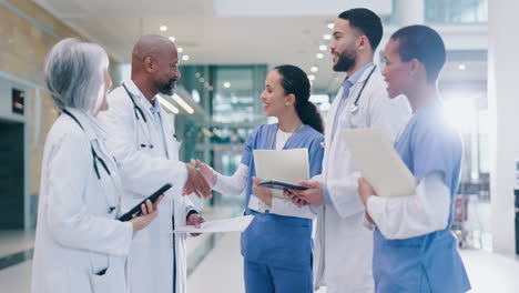 doctors, nurses and handshake for hospital
