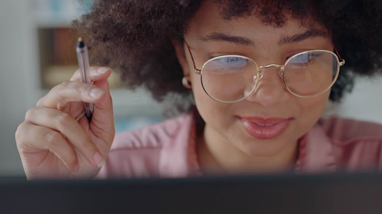 Happy email, laptop work and black woman reading