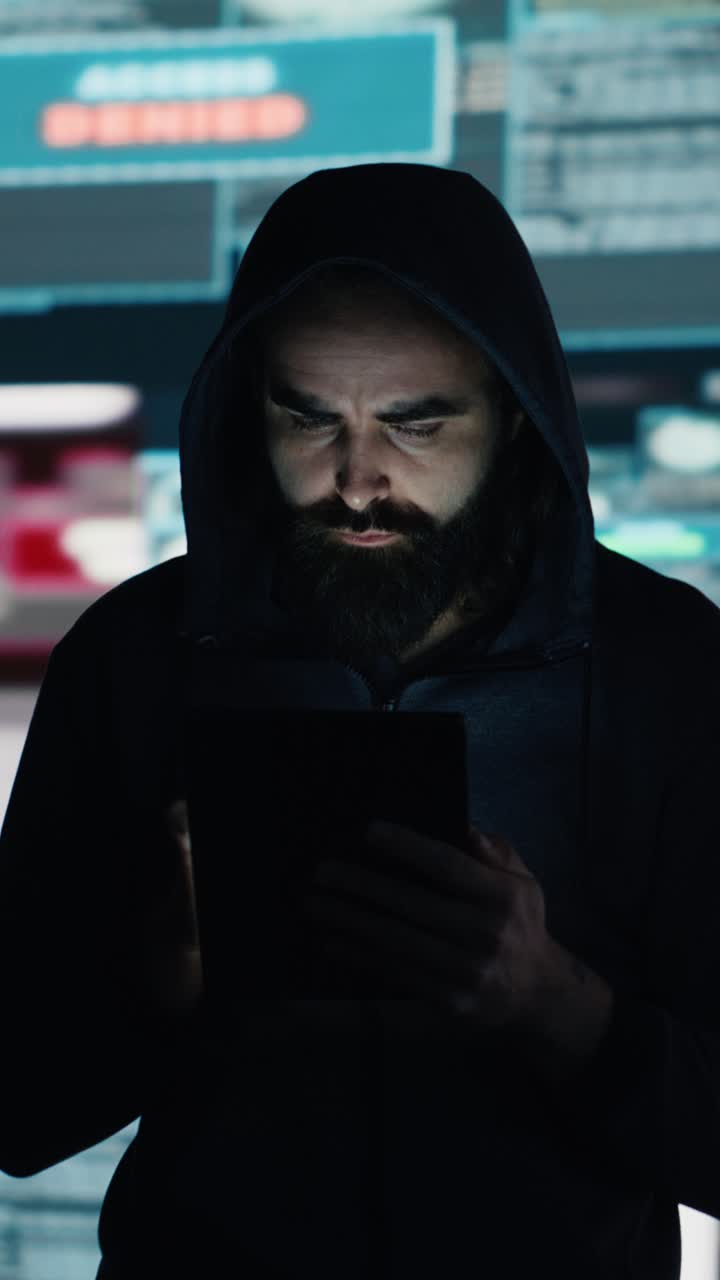 Vertical Video Male hacker breaking into a system in stealth mode by programming code