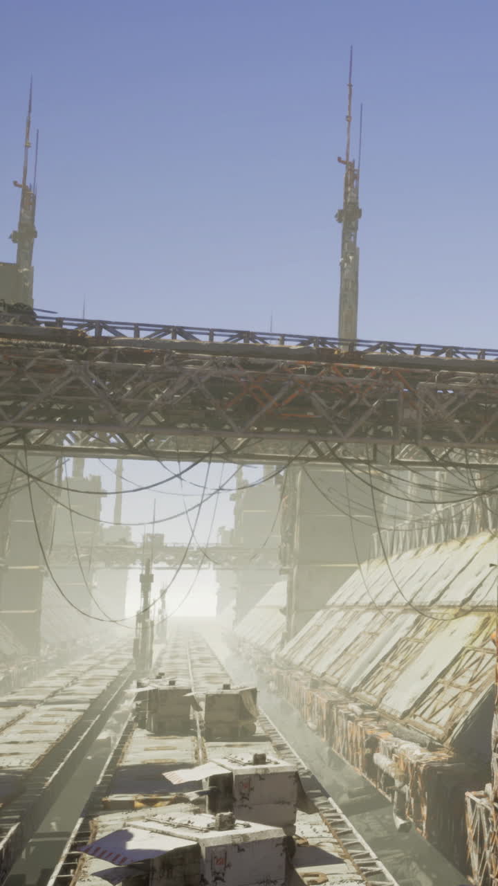 Futuristic industrial scene with structures and transport in a city area