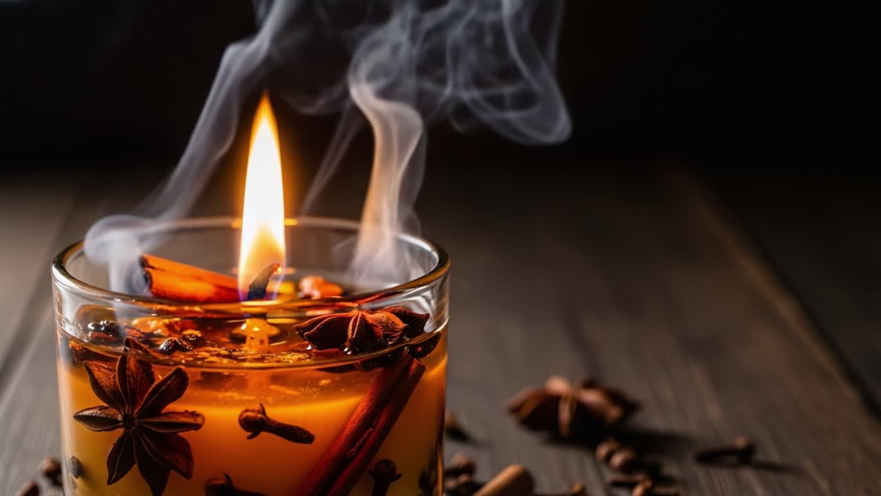 A mesmerizing glimpse into the aromatic world of spiced beverages, featuring a candlelit glass with fragrant spices, steam swirling gently, creating a cozy atmosphere