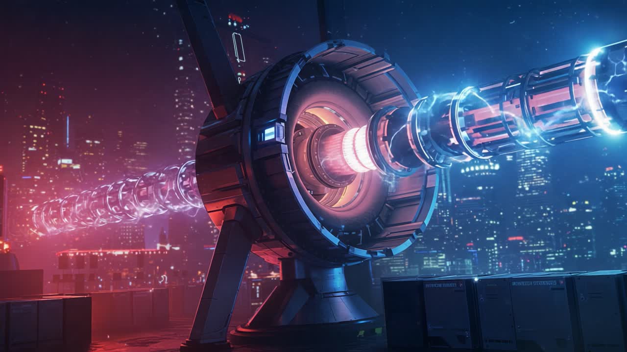 A Stunning Sci-Fi Generator Emits Brilliant Lightning in a Futuristic Cityscape, Showcasing Advanced Technology Amidst Urban Night Life in a Mesmerizing Scene