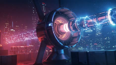 a stunning sci-fi generator emits brilliant lightning in a futuristic cityscape, showcasing advanced technology amidst urban night life in a mesmerizing scene