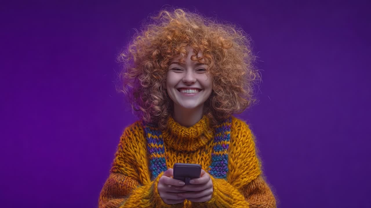 Gioiosa espressione di felicità: una giovane donna con capelli ricci e un maglione di lana si gode il suo tempo mentre tiene in mano un telefono su uno sfondo viola vivace
