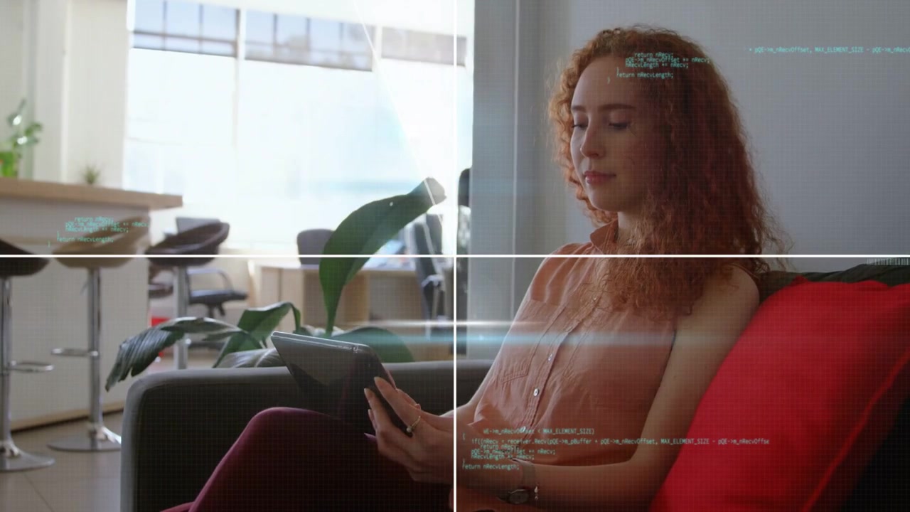 Woman sitting on sofa tapping smartphone, initiating spinning HUD overlay and showing tech UI