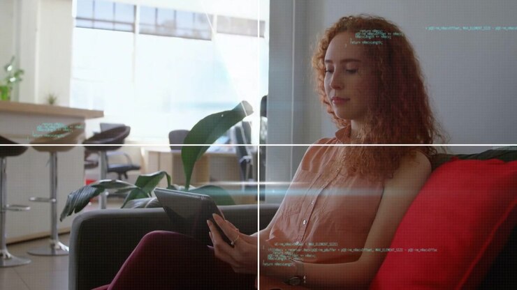 Woman sitting on sofa tapping smartphone, initiating spinning HUD overlay and showing tech UI