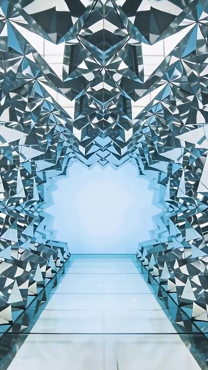 Video verticale: Telecamera che inizia a spingere in un portale stellare in una galleria, attirando l'occhio verso le sfaccettature dello specchio.