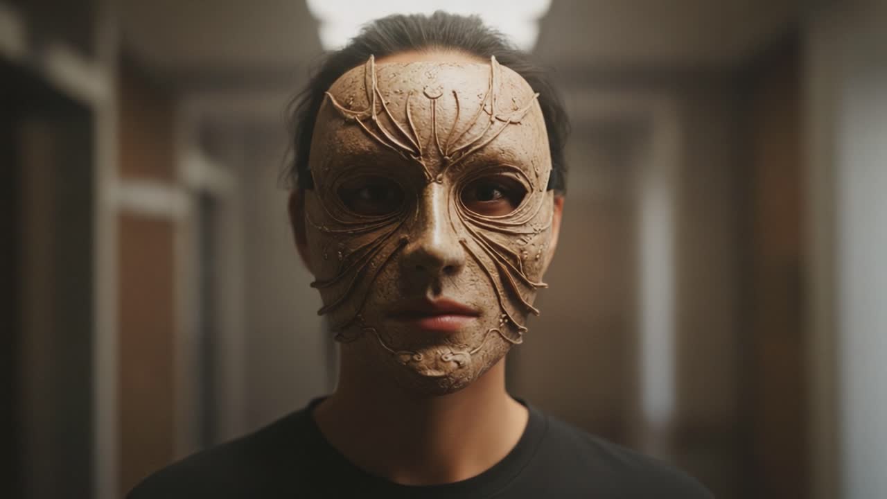 A haunting transformation captured in two striking frames, showcasing a figure wearing an intricate mask that embodies artistry, emotion, and an enigmatic presence in a dimly lit hallway