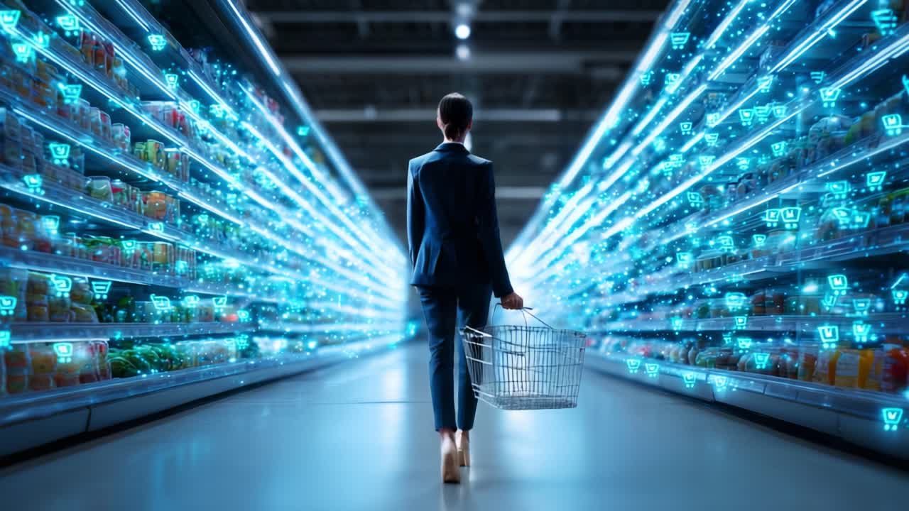 A Shopper Navigates a Futuristic Supermarket Aisle Filled with Brightly Lit Shelves, Digital Icons and a Shopping Basket, Emphasizing Modern Retail Technology and Consumer Experience