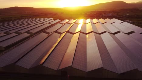 Aerial-view-of-greenhouse-with-solar-panels,-renewable-energy-landscape,-sunset