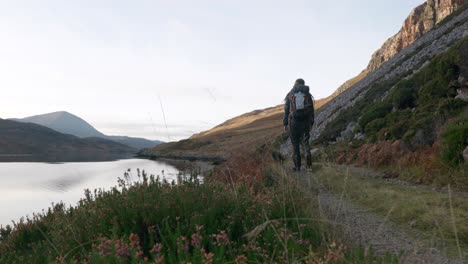 A-man-is-hiking-away-from-a-camera-in-focus-in-the-Scottish-Highlands-with-a-cliff-and-a-sea-loch-in-the-background-while-heather-and-grass-gently-blows-in-the-wind-in-the-foreground