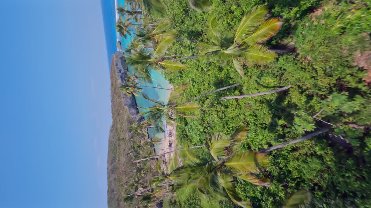 Vista aerea FPV con drone della spiaggia di Playa Madama a Samaná, Las Galeras, Repubblica Dominicana, vista verticale.