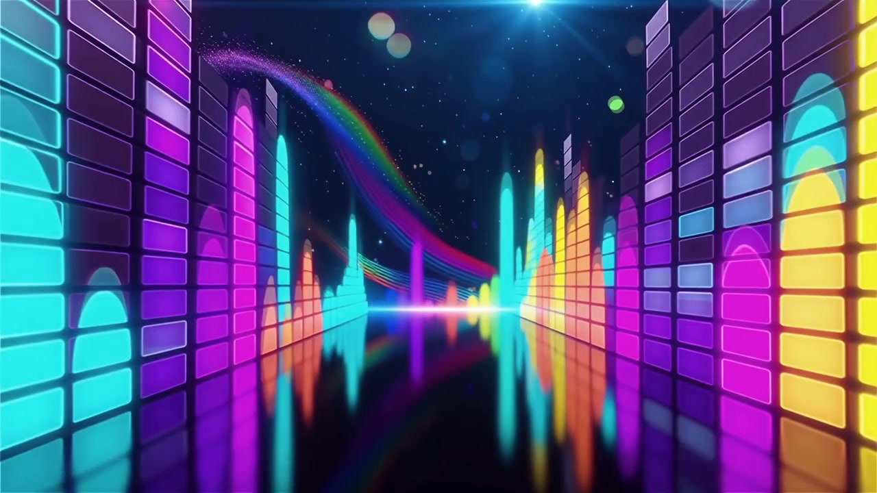 Futuristisk regnbuefarvet neon musik equalizer visualisering baggrund.