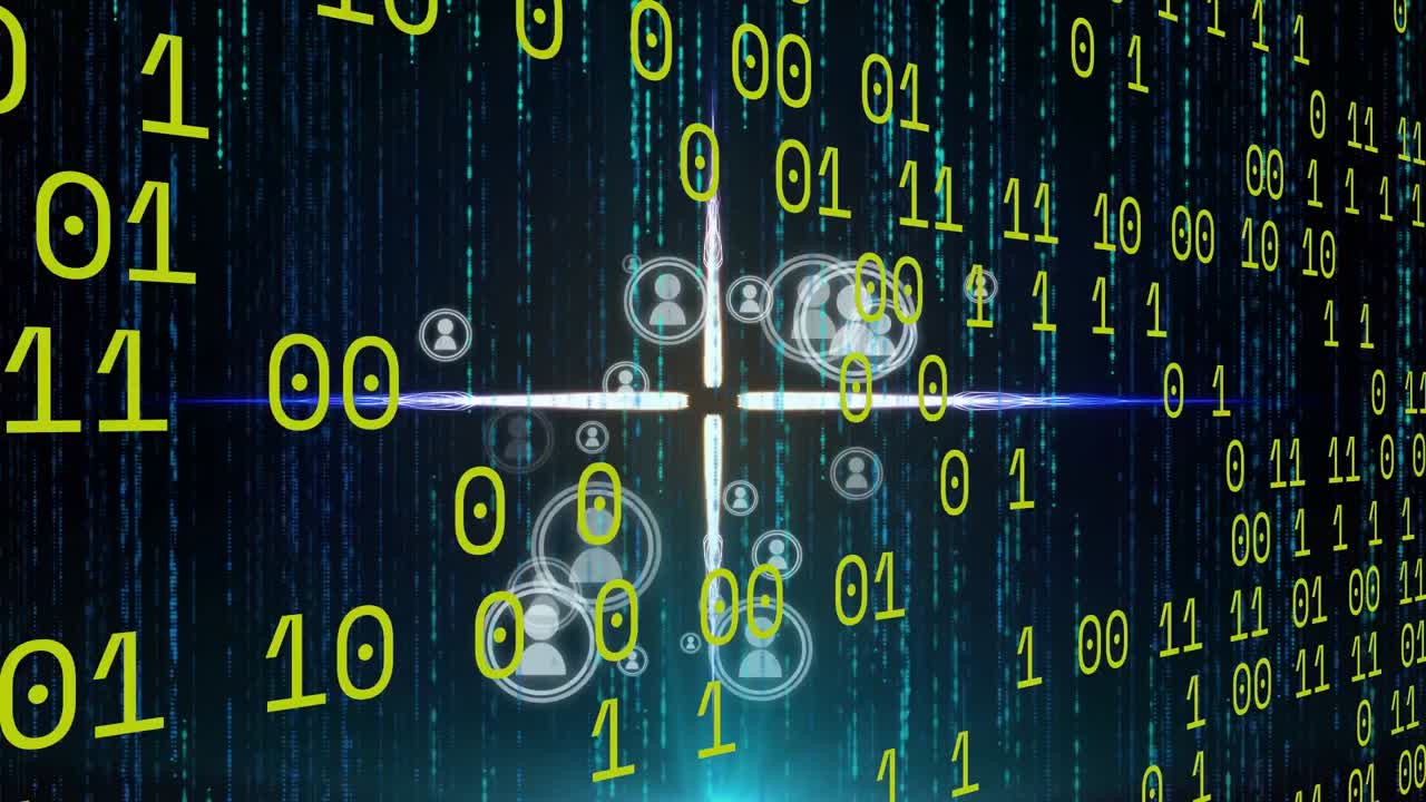 검은색 배경의 아이콘 위에 바이너리 코드의 애니메이션