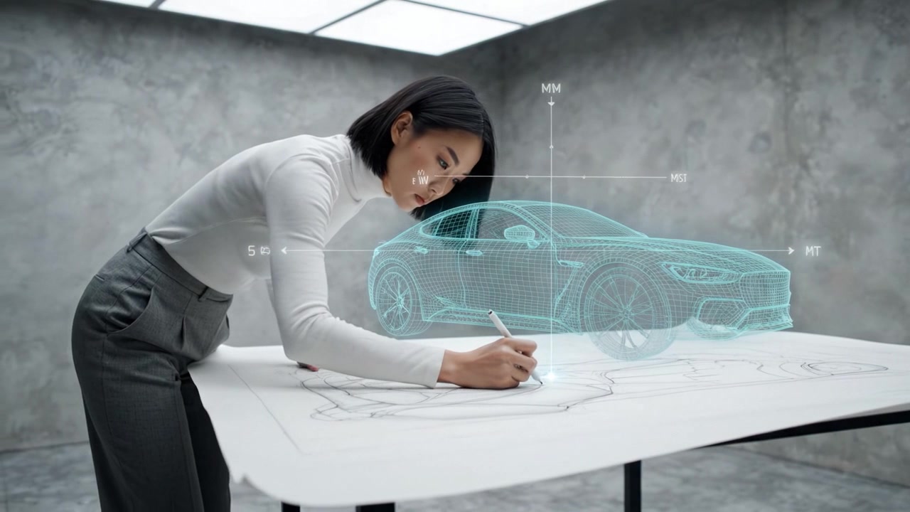 Diseñador innovador creando un plano elegante de coche con visualización 3D avanzada en un entorno de estudio moderno para futuros conceptos automotrices.