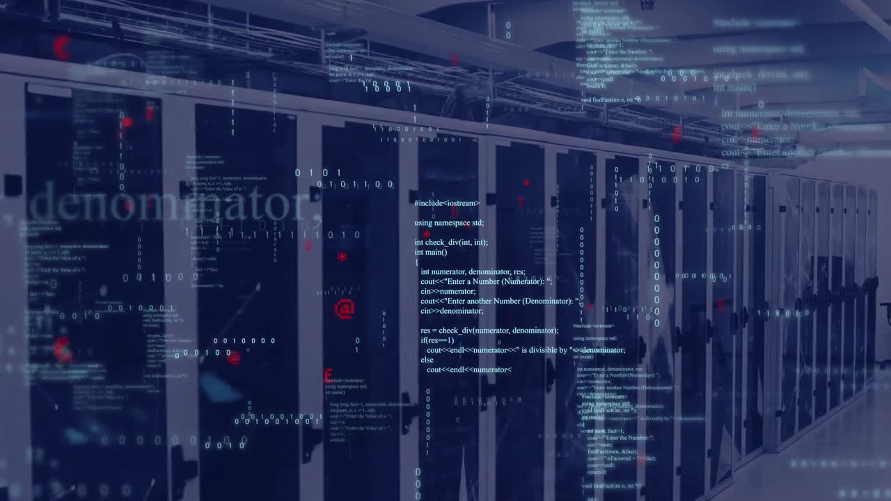 Animation of mathematical equations, binary codes and computer language over server room
