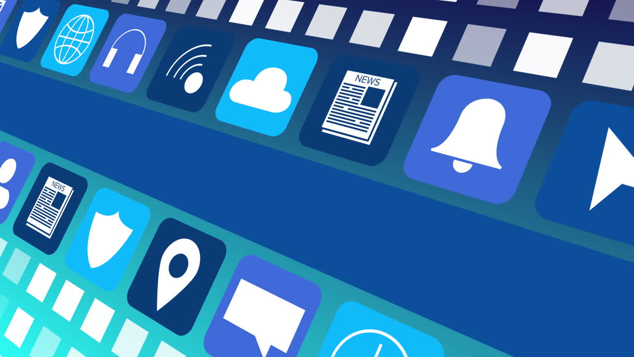 Animation of digital online icons and blue stripe moving on blue background