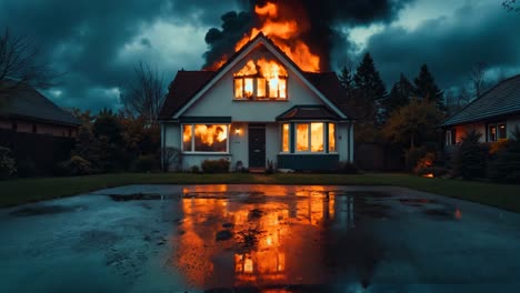 una casa en llamas con un reflejo en el agua