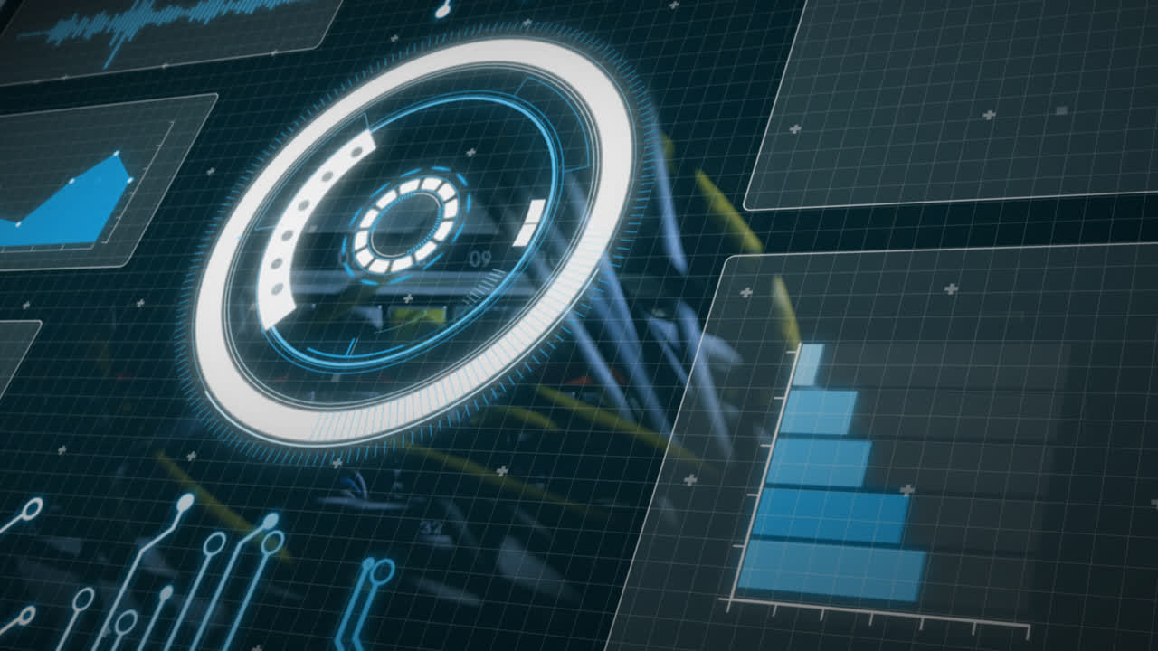 Animation of clock moving over data processing on black background